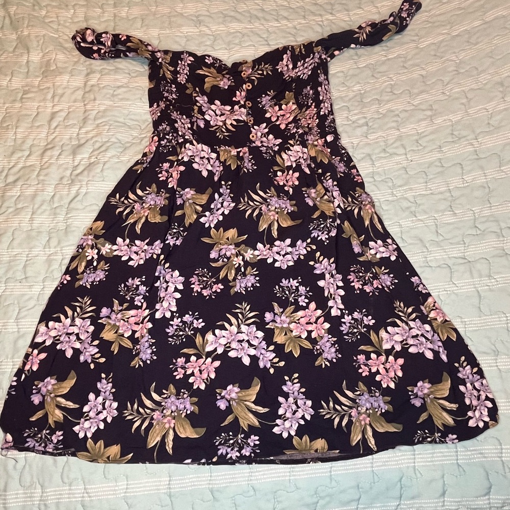American Eagle Outfitters Floral Dress w/ Off Shoulder Straps - Purple and Green